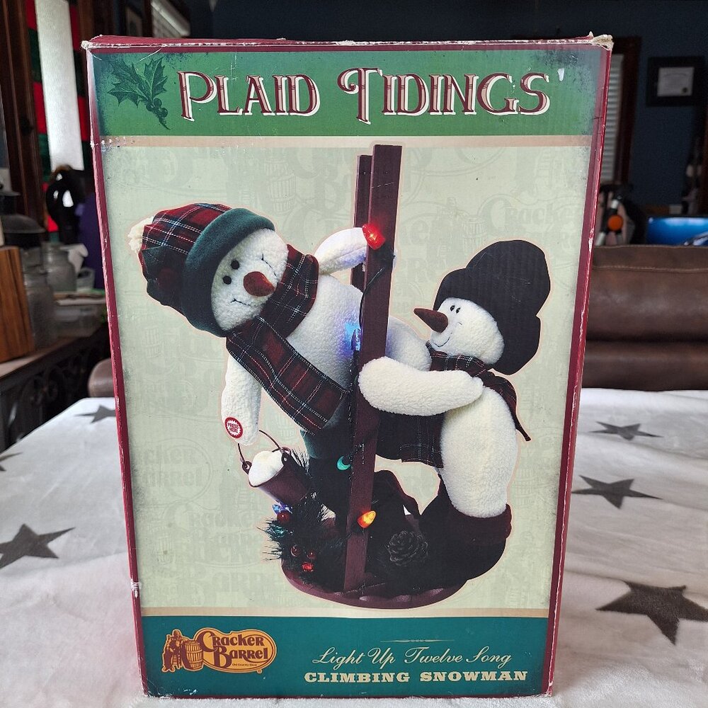 Cracker Barrel Plaid Tidings 16" Snowmen On Ladder Country Christmas READ‎